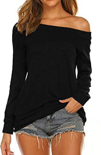 Lalala Damen Oberteile Off Shoulder Bluse Langarmshirt Party Tunika Top (Schwarz,M)