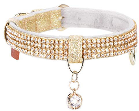 PetsHome Katzenhalsband, Hundehalsband, [Bling Strasssteine] Premium PU-Leder mit Anhänger Verstellbare Halsbänder für Katzen und kleine Hunde Extra Klein Gold
