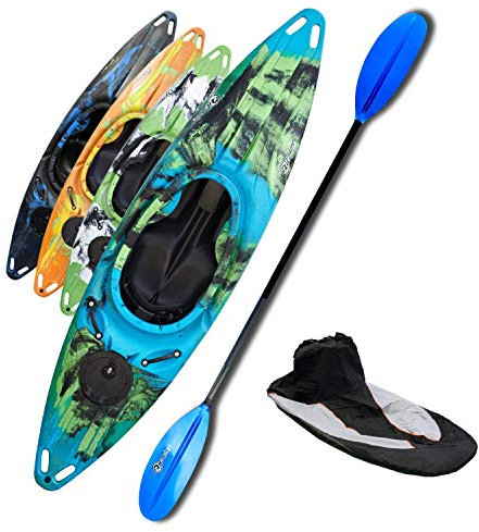 One Person White Water Tourer Sit In Kayak Starter Pack - Great for White Water and Surf - Blue, Green & Black - Outdoor Use Only - Adjustable Backrest and Footrest - Storage Hatch - RIBER