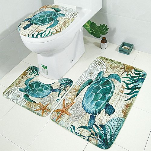 Happy Go-Mart 3pcs/set Bathroom Non-Slip Ocean Style Pedestal Rug + Lid Toilet Cover + Bath Mat (2)