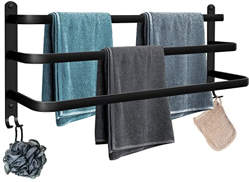 Handtuchhalter 80cm Schwarz Ohne Bohren/Lochstanzen Wandmontage Bohren 3 Tier Handtuchstange Badezimmer Aluminium Handtuchregal Badetuchhalter für Badetuchstange Badezimmer Küchen Toilette