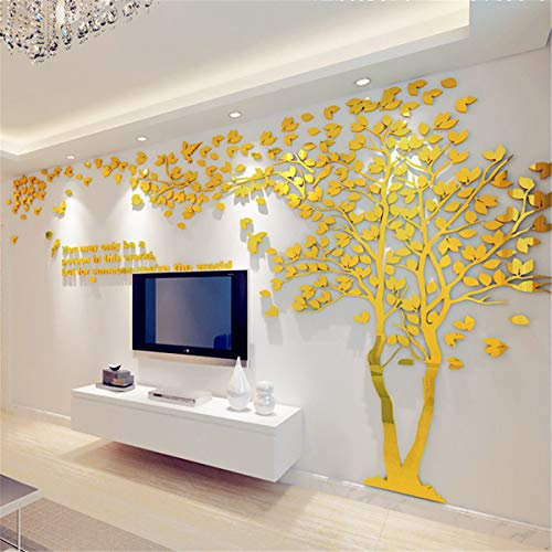 Albero Adesivo da Parete, Alberi e Uccelli 3D Adesivi Murali Arts Wall Sticker Decorativi per TV Par, Camera da Letto, Sala, Asili Nido, Ufficio, Bambini Stanze (Oro Destra,M-250 * 130cm)