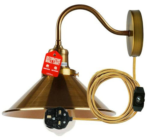 LEDSone Industrial Yellow Brass Wall Sconce with Plug-ins Cord, Vintage Metal Shade, Rustic Farmhouse Plug-in Wall Lights with dimmable Switch - Easy Install Plug-in Wall Mount Lamp, Yellow Brass