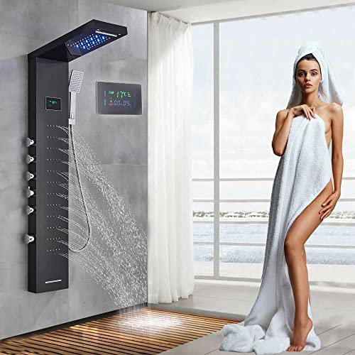 Huin Panneau de douche LED en acier inoxydable, tour de pluie, système de buse de massage en cascade, colonne de douche mélangeuse-Noir 8013