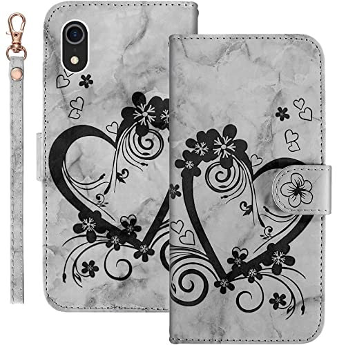 Bartern Schutzhülle für Apple iPhone XR, Klappetui, Motiv: Liebe/Herzen + Blumen, Brieftasche mit Standfunktion und Kartenfächern, Marmor, PU-Leder, Flip Cover, Schwarz
