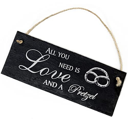 Schiefertafel Deko Brezel Schild 22 x 8 cm - All you need is Love and a Pretzel - Wanddeko Dekoration Türschild