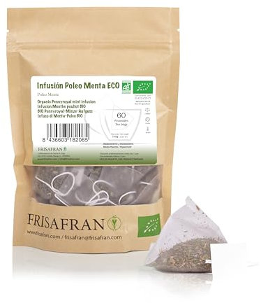 FRISAFRAN | Infusión De Menta Poleo en Pirámide Ecológica 60Ud | 120g | té poleo menta | Digestiva | Anti-resfriados | Bebida saludable | Té poleo para la Respitación | Antiviral natural | menta