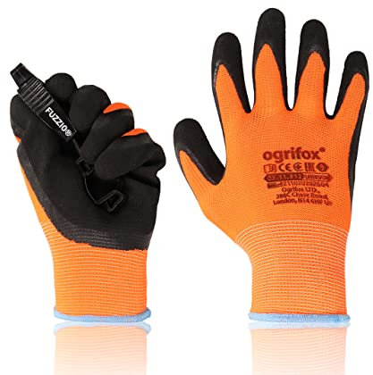 FUZZIO 12 Paar Arbeitshandschuhe Herren, Mechaniker Handschuhe neonorange, Gartenhandschuhe Damen, Arbeitshandschuhe Damen Gr 7, Montagehandschuhe Herren, Schrumpf Latex Beschichtung Handschuhclip