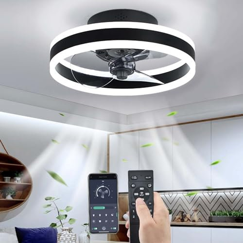 YUNZI Ventilador de Techo con luz y Control Remoto LED 60W Regulable Lámpara de Techo Moderno Perfil bajo Ventiladores de Techo por Sala de Estar Dormitorio Encendiendo, 6 velocidades, Negro, 40CM