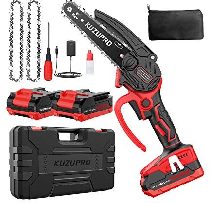 KUZUPRO Mini Motosierra Bateria 6 Pulgadas, Motosierra Eléctrica Brushless con 2 Baterías 2.0Ah, 2 Cadenas, 10m/s Velocidad Cadena Motosierra Inalámbrica para Ramas, Rboles, Patio, Hogar, Jardín