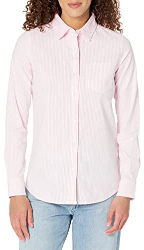 Amazon Essentials Chemise en Tissu Oxford Extensible boutonnée à Manches Longues (Grandes Tailles Disponibles) Femme, Rose Clair Blanc Rayures, XS