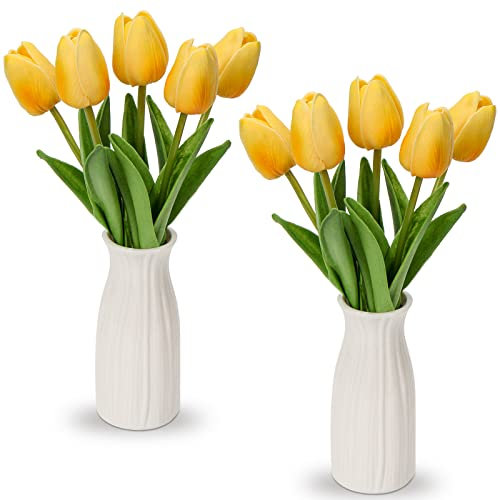 Briful 2 Packs Fake Flowers Artificial Tulips with Ceramic Vase, Yellow Poly Foam Tulips Real Touch Flowers Artificial in Vase for Home Decor, Centerpieces, Wedding Decoration