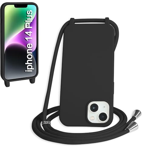 WenBaby Coque avec Cordon pour iPhone 14 Plus,Collier pour Étui bandoulière Colliers de cellulaire Mince Antichoc Réglable Lanyard Silicone Case,Noir