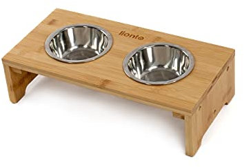lionto Gamelle surélevée pour Chien en Bambou Robuste et Facile à Entretenir, 40x20x10 cm, Double écuelle pour Chiens et Chats, 2 Bols INOX Ø 11 cm, 350 ML chacun, antidérapante