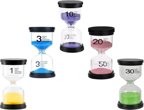 5 Sabliers Éducatifs Colorés (1/3/10/20/30 Min) - Minuterie Enfant pour Brossage de Dents, Montessori, TDAH - Verre Borosilicaté Sécurisé - Cadeau Pédagogique avec Étui