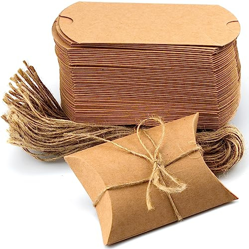 IFAMIO 50 Stück Kraftpapier-Kissen-Geschenkbox mit Juteseil, kleine Süßigkeiten-Boxen für Geschenk, Schmuck, Seife, Verpackung, Mini-Geschenkbox, Hochzeit, Geburtstag, Partygeschenke