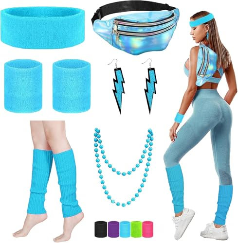 YOUYIKE 90er 80er Jahre Outfit Damen Blau Set, Gürteltasche, Neon Stirnband, Ohrring, Halskette, Handschuhe, 80er jahre accessoires Neon Thema Party 80er Jahre Karneval Kostüm Damen Frauen Mädchen