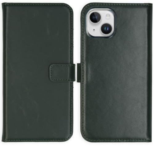 SELENCIA Bookcase Hülle kompatibel mit iPhone 15 – Era Leder Handytasche Side Flip Case – Handyhülle aus Rindsleder in Grün [3 Kartenfächer, Magnetverschluss]