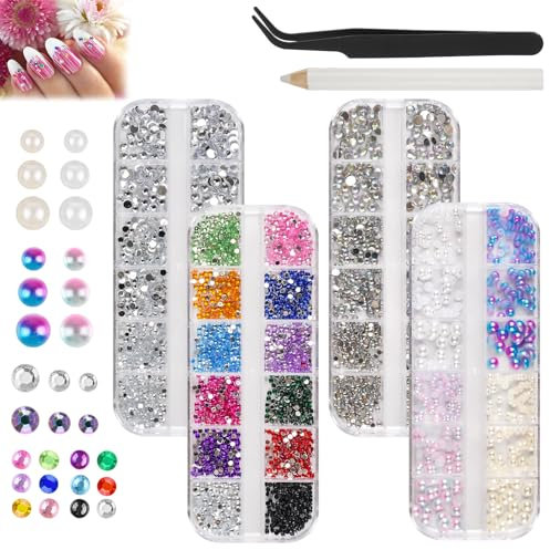 6800 Stück Strasssteine, Glitzersteine und Halbrunde Perlen Nägel Strasssteine, AB Kristall Strasssteine, mit Pinzette und Stift, Flatback Rhinestones für Nagel/DIY(Mehrere Größen und Farben)