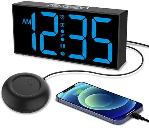 Netzu Vibrating Alarm Clock for Heavy Sleepers, Loud Alarm Clock with Bed Shaker, Large LED Display, Dual Alarm, 5 Dimmer, 4 Volumes, USB Charger, Clock Bedside for Hearing Impaired