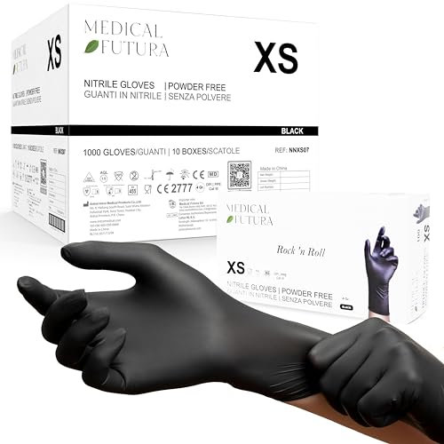 MEDICAL FUTURA - 1000 Guanti in Nitrile XS Neri Monouso Anallergici Gr. 4.0, Senza Polvere, Senza Lattice, Ottimi per Estetisti, Tatuatori, Officine, Ambiti Medici e Manipolazione Alimenti (XS, Neri)