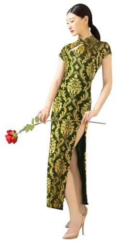ROYAL SMEELA Robe Qipao Velours Chinoise Cheongsam Pour Femme Style Chinois Vert évider Traditionnelle Tenue Deguisement Sexy