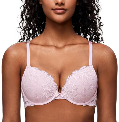 Deyllo Damen Push Up BH mit Blumen Spitze Schalen Bügel BH Gepolstert Elegant Hellrosa 85B/38B