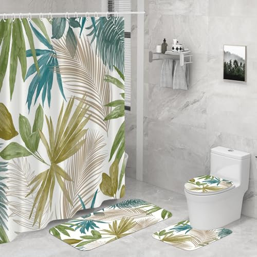 Seorsok Boho Green Shower Curtain Set, Toilet Lid and Non-Slip Rugs, Abstract Mid Century Leaf Shower Curtain,Botanical Palm Curve Minimalist Bathroom Accessories Home Decor,12 Hooks,72 x 72 Inches
