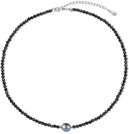 COAI Damen Halskette mit Natürlichen 9mm Schwarzen Süßwasserperlen und 4mm Spinellsteinen