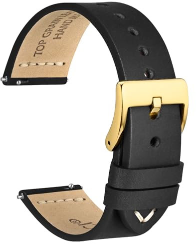 WOCCI 22mm Antikes Uhrenarmband für Herren, Sattelleder, Goldener Schnalle (Schwarz)