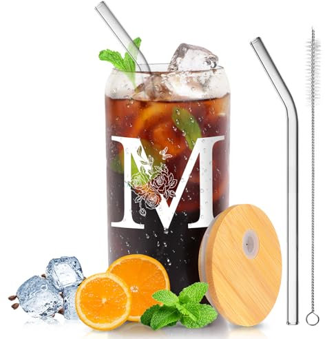 Personalized Gifts-for Women,Stylish A-Z Initial with Name, Gift for Birthday, Valentine's Day,Christmas,Teacher's Day for Mom Girlfriends Teachers,Coffee Smoothie Beer Glass with Lid Straw (M)