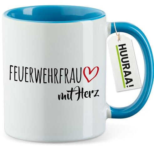 Huuraa Becher Feuerwehrfrau mit Herz Geschenk 330ml Blau Feuerwehrfrau Geschenkidee