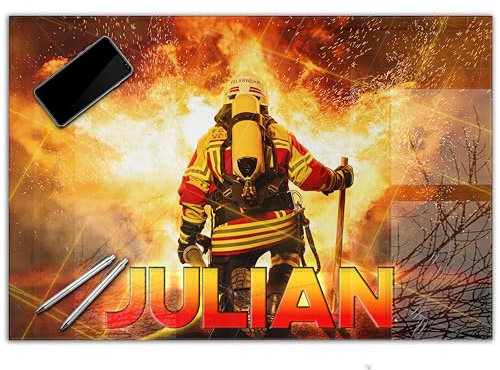 Schreibtischunterlage personalisiert mit Namen | 60 x 40 cm Feuerwehr, Feuerwehrmann | wasserfeste Schreibunterlage, abwischbar, glatt | stabiles, hochwertiges Acrylglas, Kinder Kunststoff