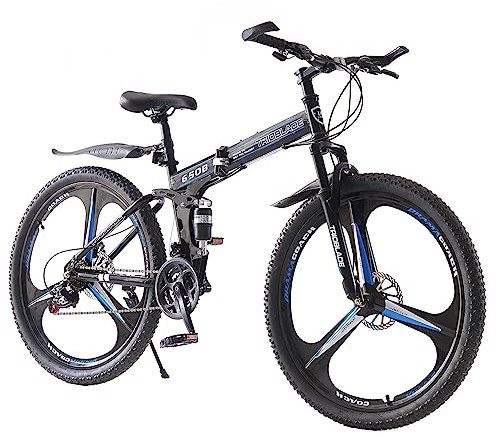 LSBIKE 24 26 27.5In Foldable Mountain Bike Dual Suspension Hardtail Bicycle Men Women Mountain Bike 21 Speed Drivetrain Lightweight Frame Sport Cycling Bike for Adult (Black Blue, 26inch)