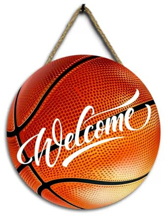 BasketBall type A Weclome Wooden Door Sign(12''x12''),Rustic Basketball Sports Round Wooden Hanging Sign Plaque Door Hanger Wall Decor Indoor Outdoor