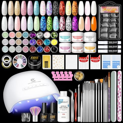 PEACECOLOR Acrylic Nail Kit with Lamp - 6 Colours, Glitter Powder, Top Coats, False Nails, Decals & Tools for Beginners