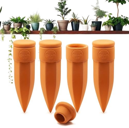 The Olla Company Plant Watering Spikes with Lids - Ideal for 4”-6” Pots - Vacation Friendly - Terracotta - Small - Set of 4
