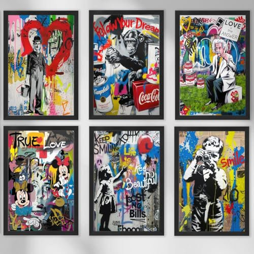Pop Art Banksy Style 6er Poster Set für Wohnzimmer, Home-Office, Hobbyraum und Büro zum Einrahmen, 6x 30x40 cm