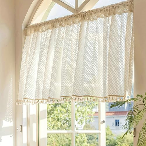 Beydodo Gardine Kurz Fenster, Küchengardine Nordisch 71x61CM Spitze Häkeln mit Quasten Bistrogardine Scheibengardine Halbtransparent, Beige 1 Stück