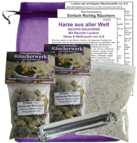 Zirbenharz zum Räuchern 100ml Set (2X 50ml) – 100% Natur Zirbenholz-Harz aus Sibirien – 6-TLG. Räucherset für Rauhnächte, Hausreinigung & Schutz mit Kohle, Zubehör, Anleitung & Tasche. 81670-X56