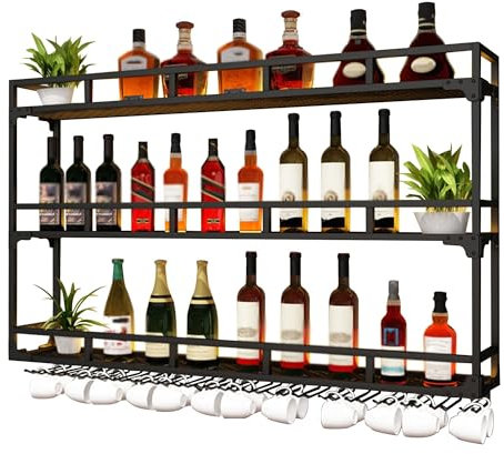 Portabottiglie con Luce Porta Bottiglie di Vino da Parete con Portabicchieri Scaffale da Parete con Porta Bicchieri Sospesi Mensole Cucina Mobile Angolo Bar per Casa Sala da Pranzo(Black,80cm(31.49in)