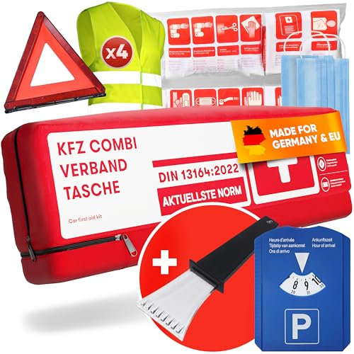 KFZ All-in-One Set - Kombitasche + Warnwesten 4er Set + Eiskratzer + Parkscheibe - Auto Zubehör Must haves Verbandskasten Auto 2025 Warnwesten Auto Warndreieck Erste Hilfe Set Auto