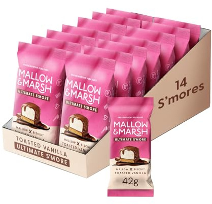 Mallow & Marsh Ultimate S’more Bar - Toasted Vanilla, Milk Chocolate Covered Marshmallow with Biscuit Base (14 x 42g)
