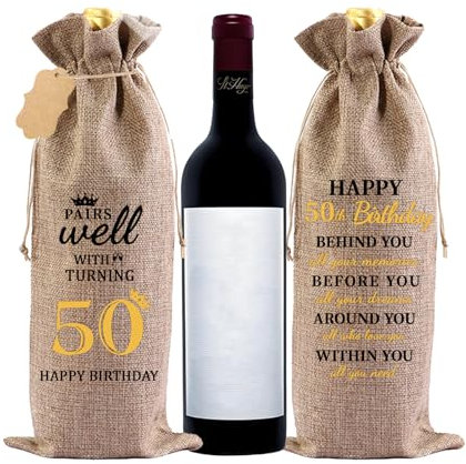 50th Birthday Wine Bags - Double Sided Print Wine Bag with Tag and Burlap Drawstring, Perfect Wine Bags for Wine Bottles, Birthday Bottle Gift Bag for Men, Women, Friends, and Loved Ones (50 years)