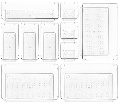Makeup Drawer Organiser, 10 Pcs Kitchen Drawers Organisers, 4-Size Versatile Bathroom and Vanity Drawer Organizer, Clear Plastic Storage Bins for Makeup, Bedroom, Kitchen Gadgets Utensils and Office