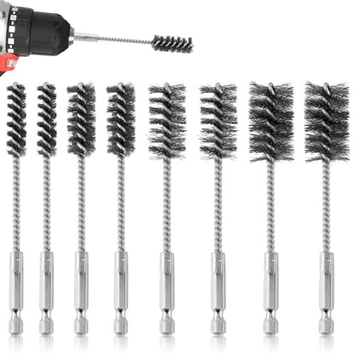 Gosknor 8pcs Bore Brush, Stainless Steel Wire Brush Drill Attachments with 1/4 Inch Hex Shank Twisted Wire Cleaning Tools for Power Drill Impact Driver, Sizes 9.7/14/19/ 22mm