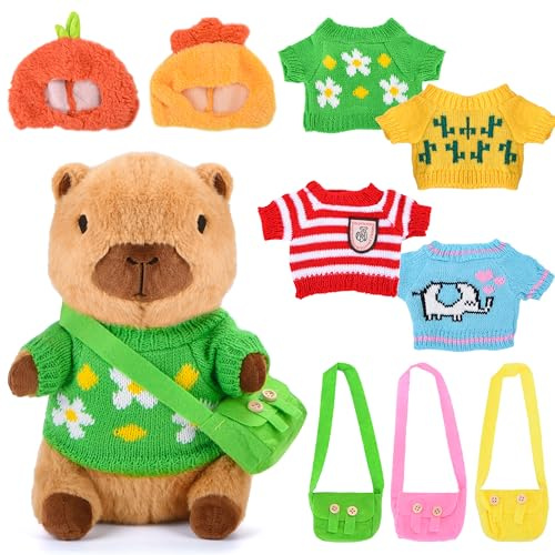 Charmofun Capybara Kuscheltier, Niedliche Capybara Plüschtier 25cm, Capibara Sachen mit Kopfbedeckung, Tasche, Kleidung, Plüsch Anziehspielzeug Geschenke für Kinder Mädchen Jungen (Braun)
