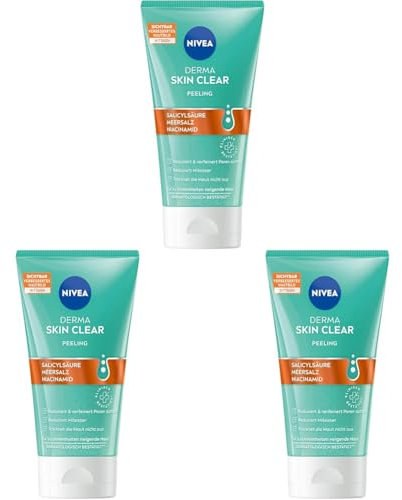 NIVEA Derma Skin Clear Peeling, porenverfeinerndes Peeling für Gesicht und Körper, Gesichtsreinigung mit Salicylsäure & Niacinamid für ein sichtbar verbessertes Hautbild (150 ml) (Packung mit 3)