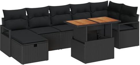 vidaXL Garten-Sofa-Set mit Kissen 8 pcs Schwarz Poly Rattan, Garten und Terrasse, Modern, Verstellbare Füße, Modularer Sofaset, Gartenmöbel, Wetterbeständig, Lounge-Kollektion