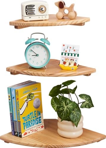 Conamily Eckregale, 3er Set Massivem Holz Eckregel Hängen mit Drahtloch | Natürlich Ecke schwimmende Regale,Rundem Ende Wandregal Holz Regal für Schlafzimmer Wohnzimmer，3 Größen 22/25.4/30cm